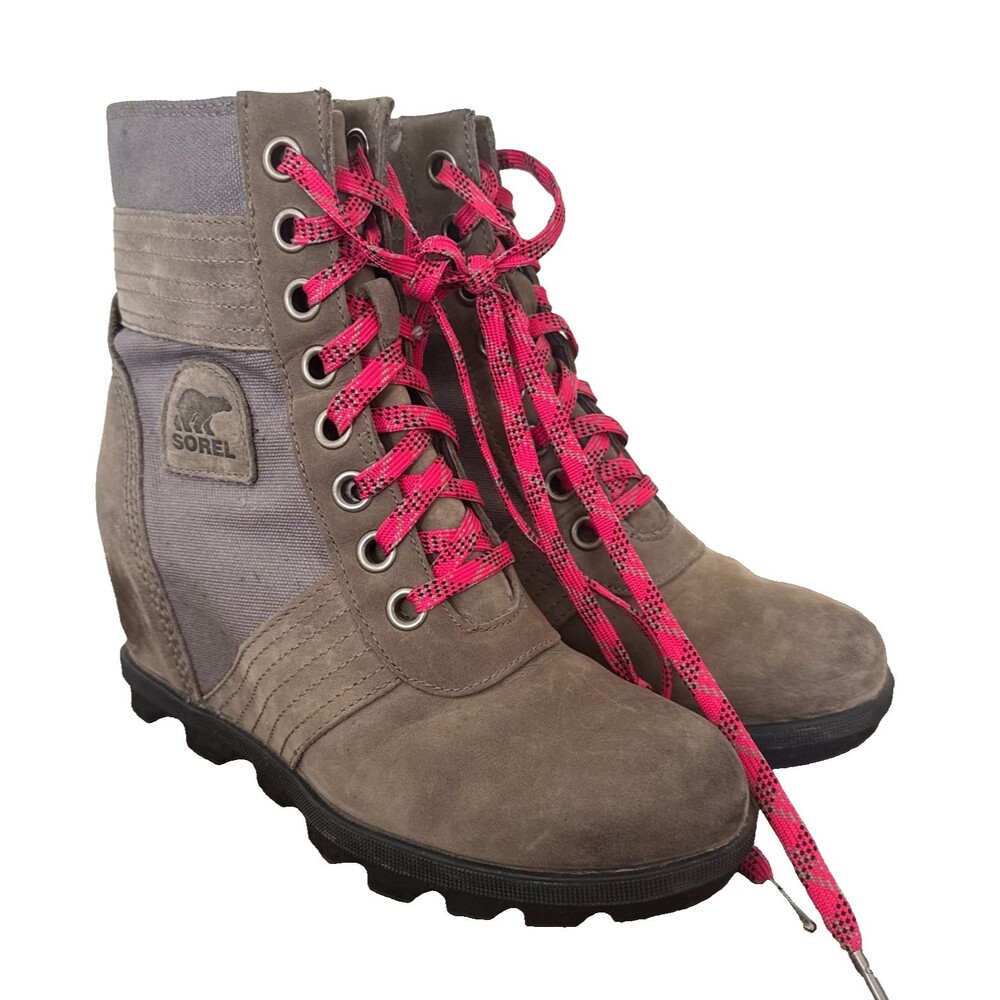 Sorel Lexie Wedge Boots Womens 8 Gray Pink Lace Up Waterproof Hiking Boots